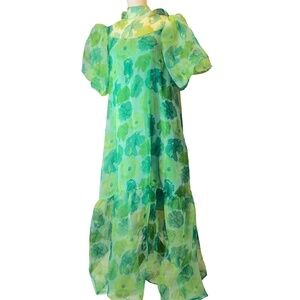 Item # A240  Nancy Cottagecore Green Floral Puff Sleeve Dress Tie Back Bow NWT S